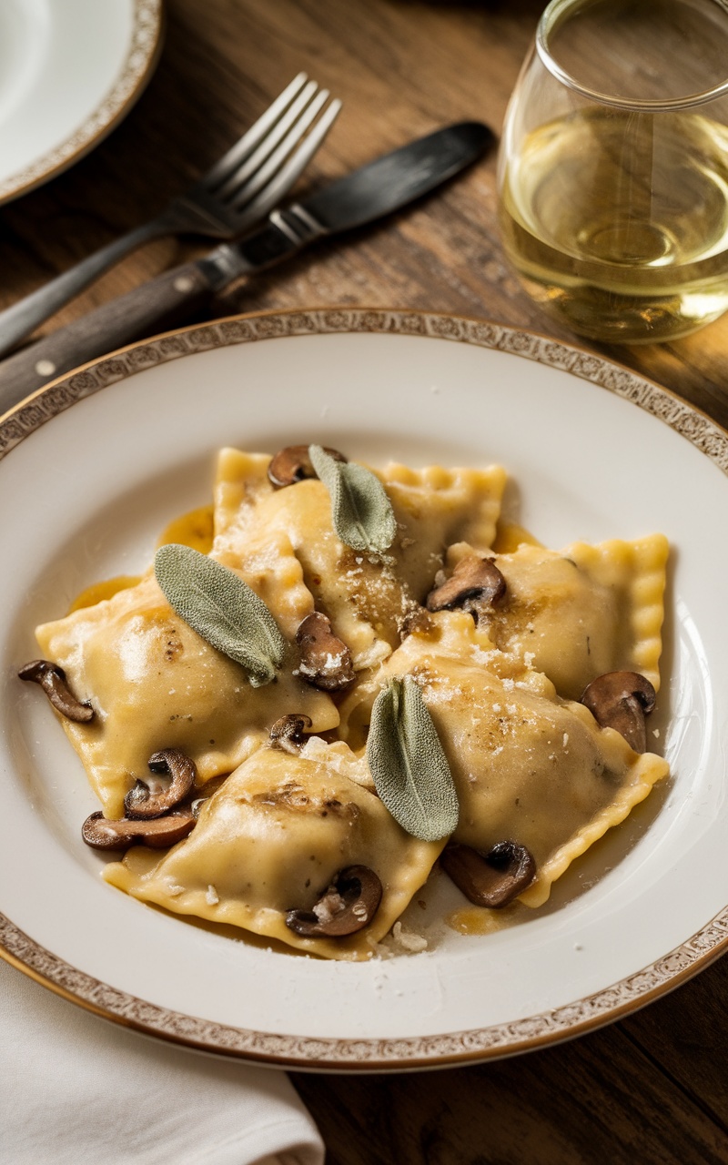 Decadent Wild Mushroom Ravioli with Brown Butter Sage Sauce Plate of wild mushroom ravioli topped with brown butter sage sauce and crispy sage leaves, served with a glass of white wine.